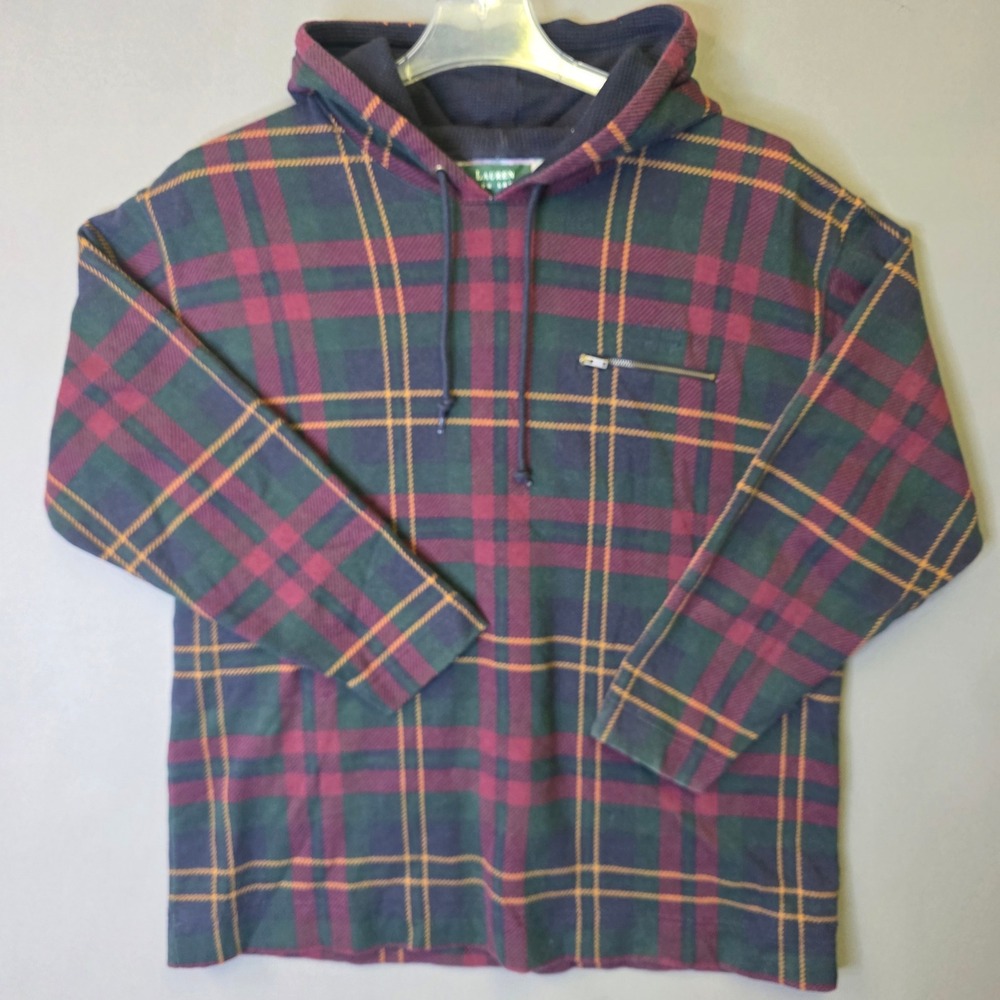 Lauren Ralph Lauren Hoodie Women M Green Red Plaid Excellent Waffle Lined Zip